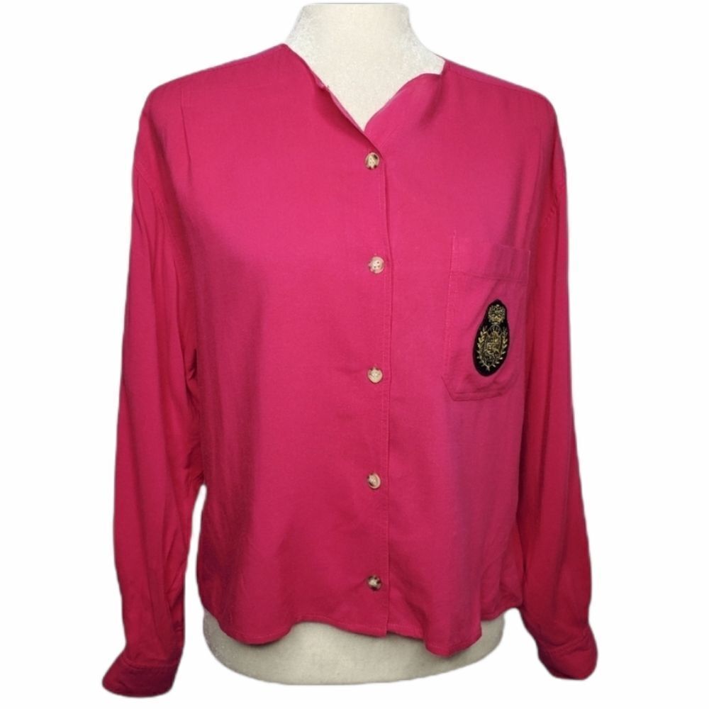 VINTAGE 90s blouse Chaus pink button up patch casual top M